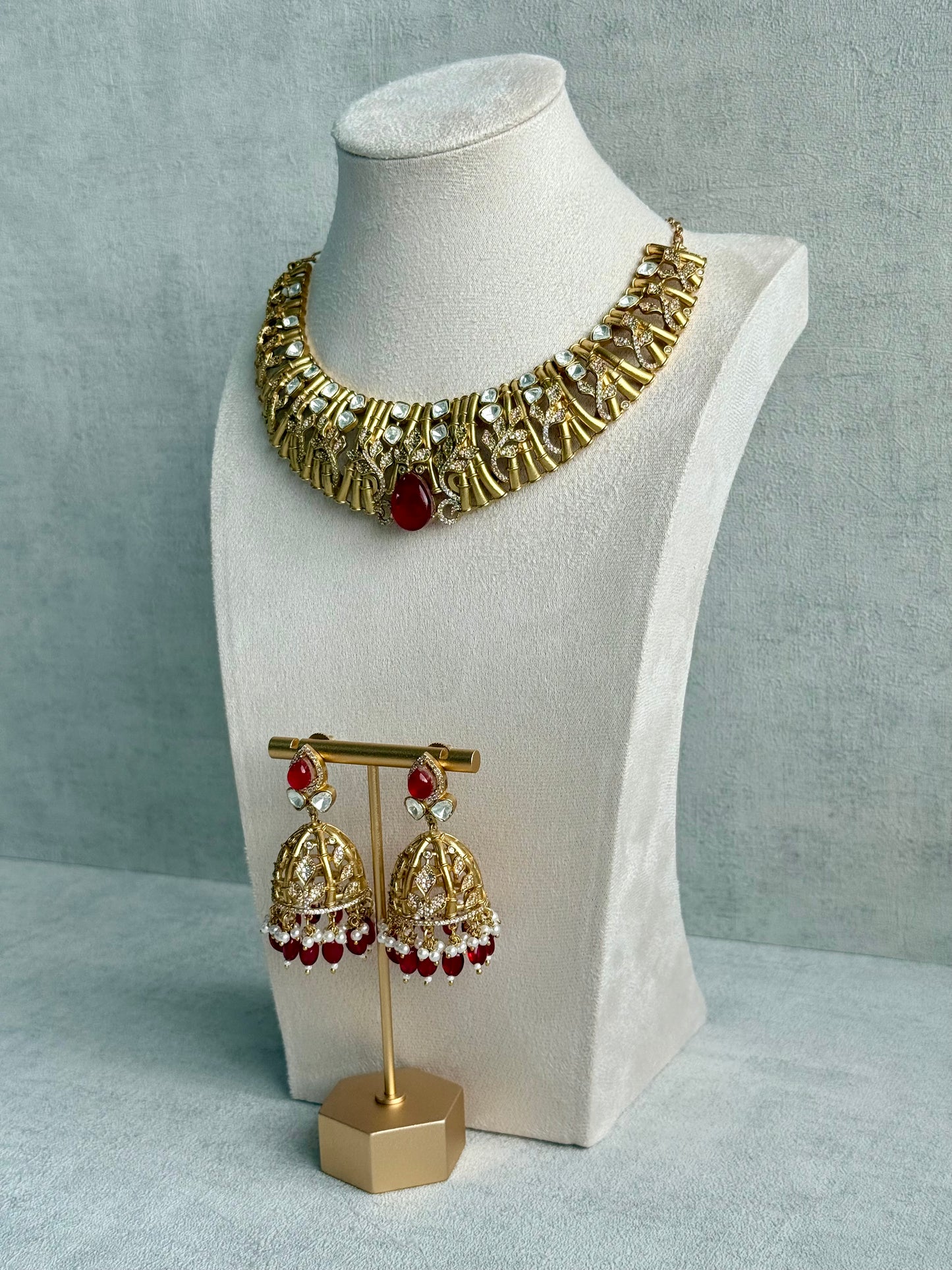 Ayura Designs Rami Collar Set with Jhumkis – Sculpted Gold Collar with Ruby Red Stone and Crystal Detailing