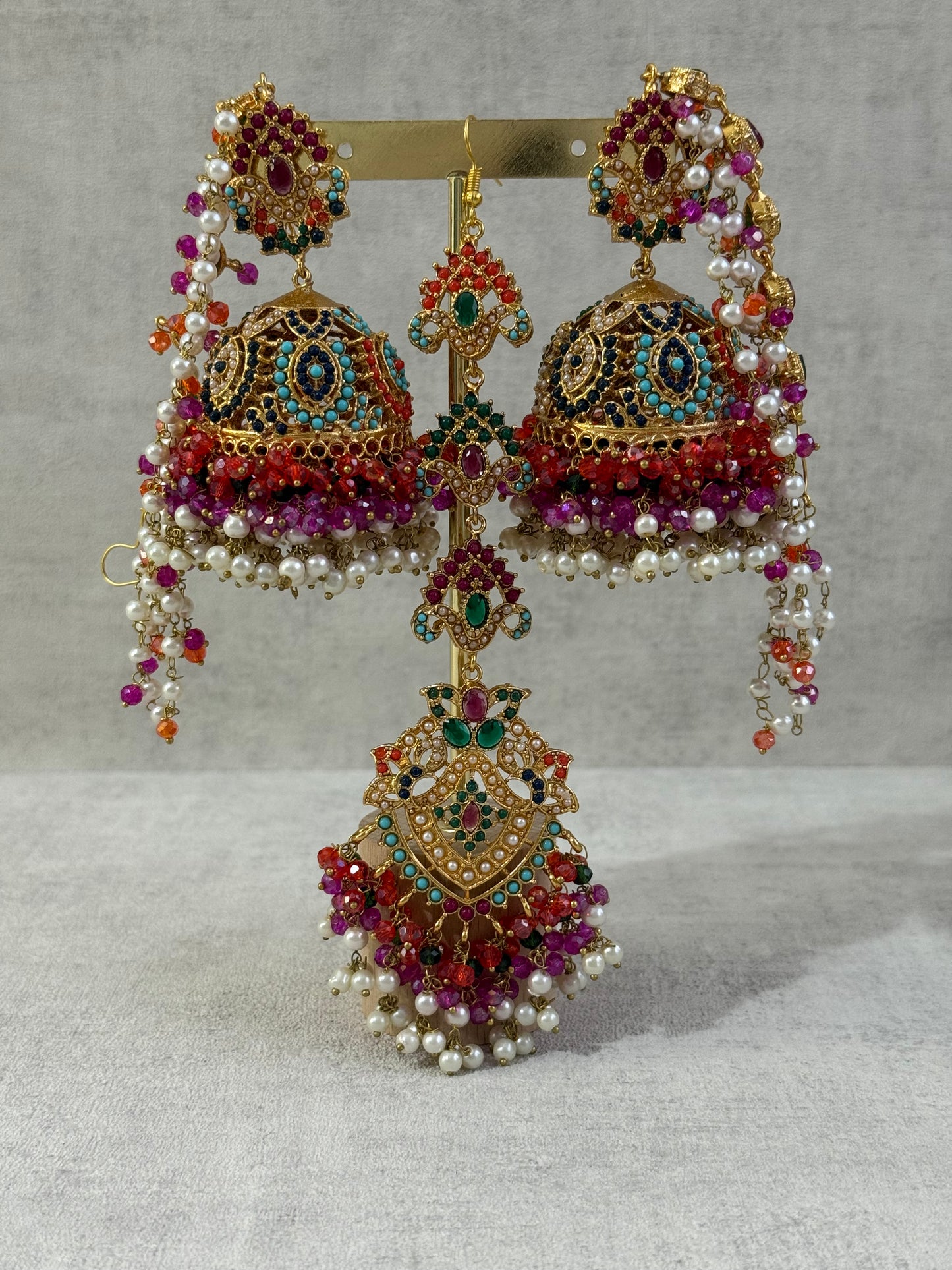 Ayura Designs Noor Set – Choker, Jhumkis with Sahare & Tikka in Multicolour with Pearl Detailing