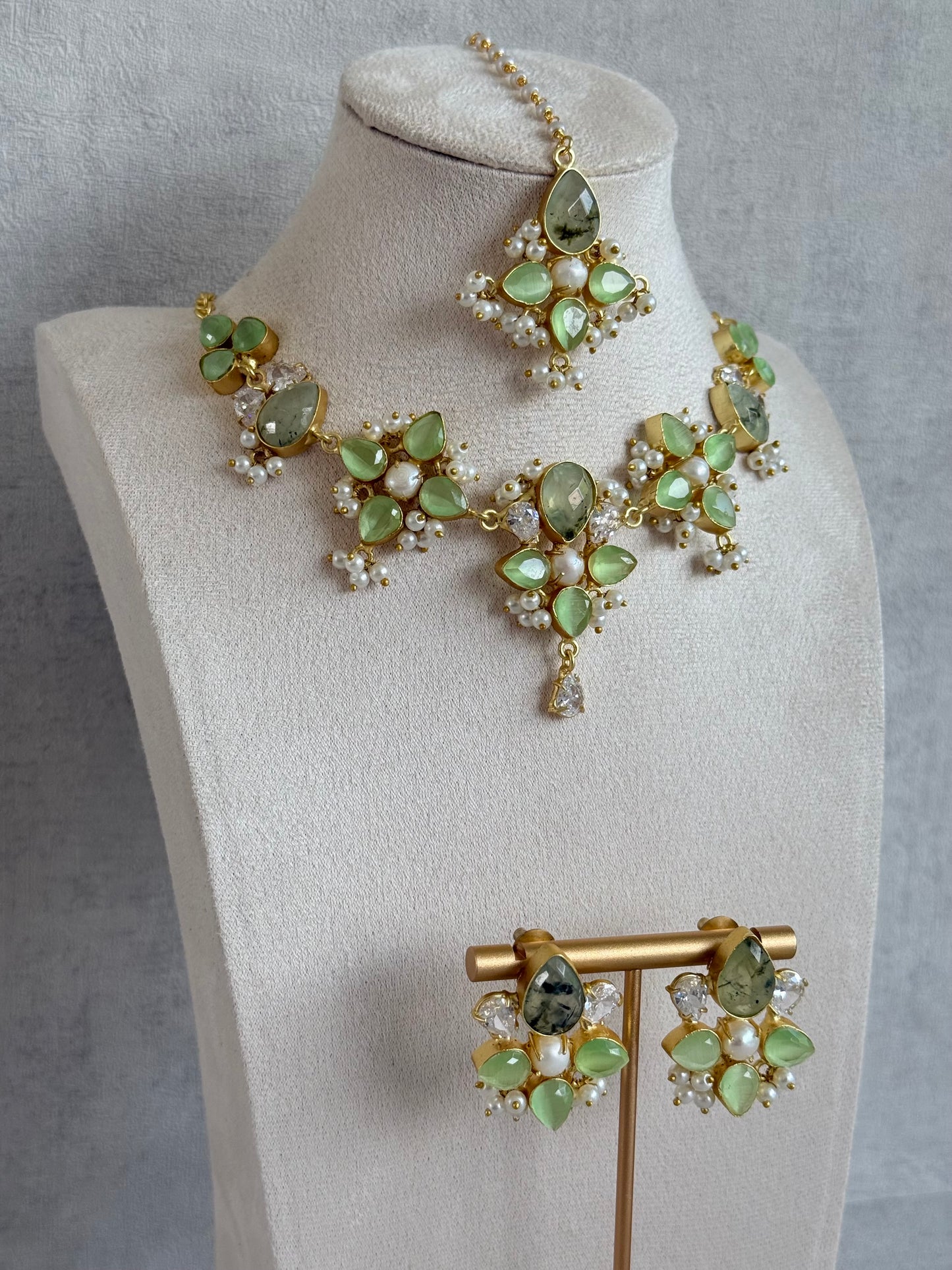 Ayura Designs Zaria Set with Tikka & Earrings – Prehnite with Pearls & Crystals