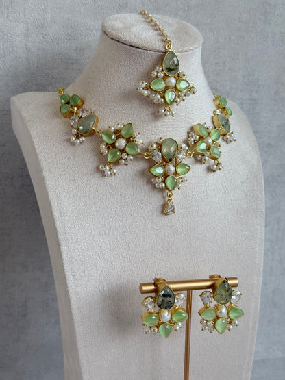Ayura Designs Zaria Set with Tikka & Earrings – Prehnite with Pearls & Crystals
