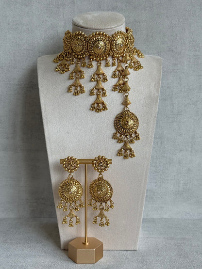 Ayura Designs Farzeena Choker Set with Earrings & Tikka – Traditional Gold Tone Waterfall Jewellery Set with Ghungroo Detailing