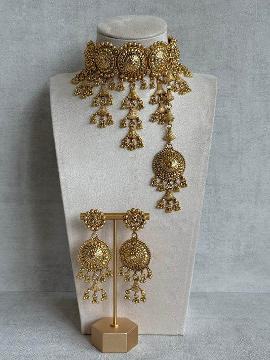 Ayura Designs Farzeena Choker Set with Earrings & Tikka – Traditional Gold Tone Waterfall Jewellery Set with Ghungroo Detailing