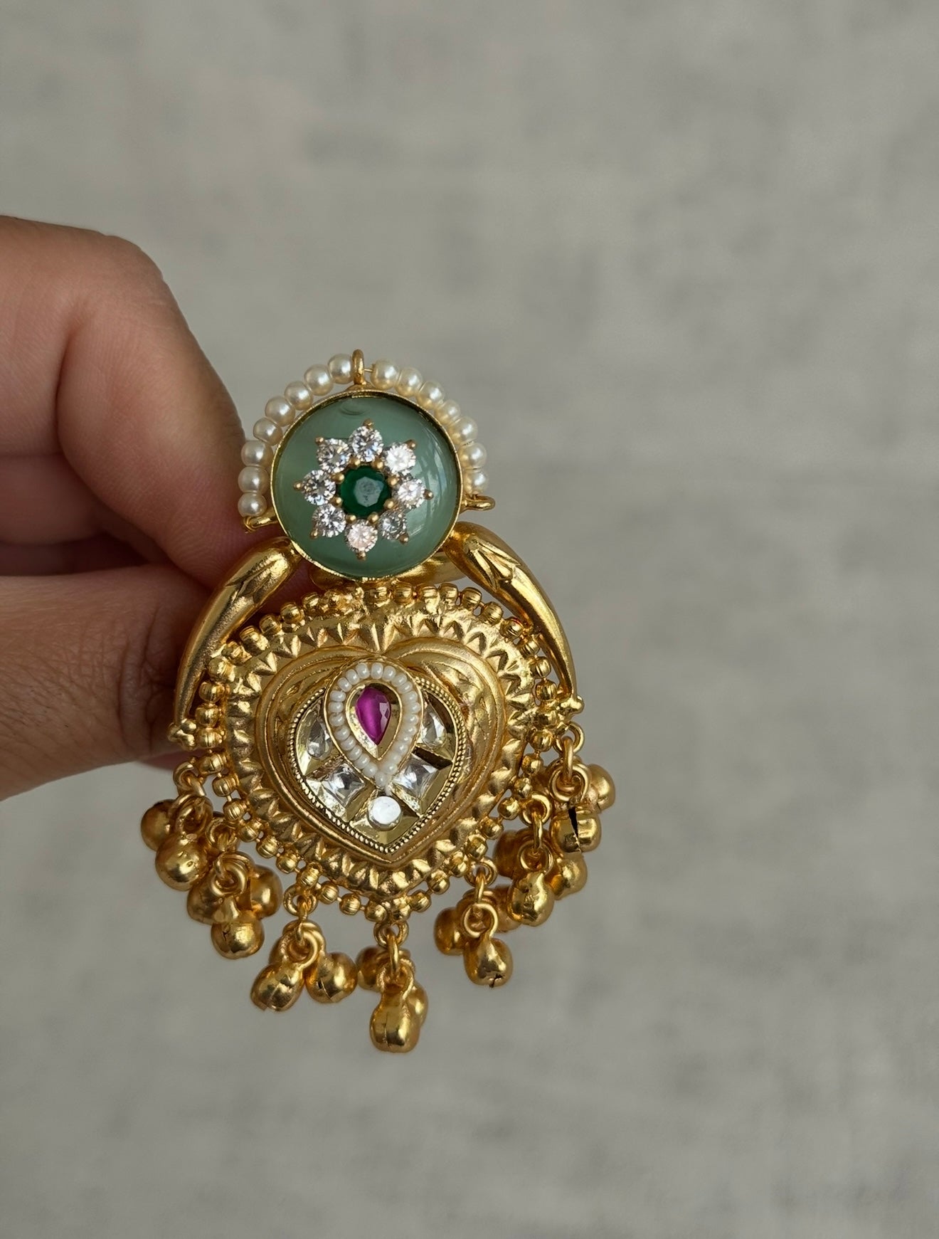 Ayura Designs Sorcha Adjustable Ring – Pistachio Green Enamel, Pearl Detailing, Antique Gold & Mirror-Cut Stones