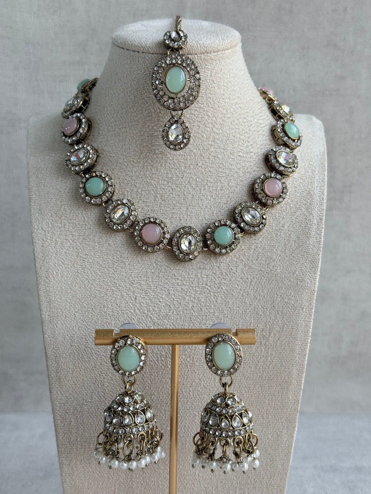 Ayura Designs Eira Necklace Set with Earrings & Tikka – Blush Pink, Mint Green & Crystal Stones with Antique Gold Finish