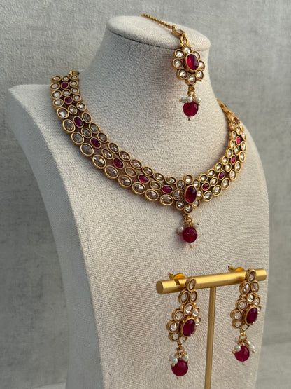 Ayura Designs Biju Set with Necklace, Earrings & Tikka – Fuchsia Pink & Ivory Pearls, Mirror-Cut Stones, Antique Gold Finish