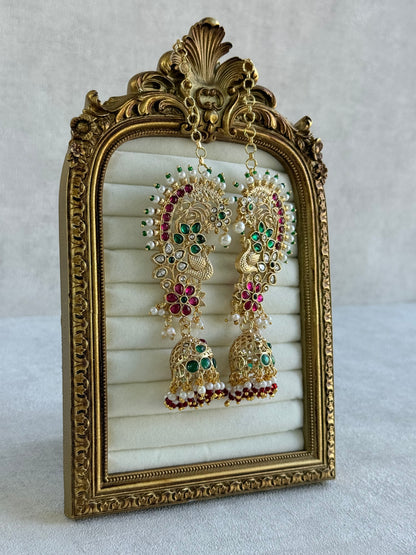 Ayura Designs Nitya Kaanphool Jhumkis – Gold Half Ear Cuff Earrings, Peacock Motifs, Pink & Emerald Green Kundan, Pearl Drops & Sahare