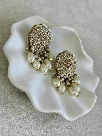 Ayura Designs Aynoor Halo Petal Earrings – Antique Gold Finish with Mirror-Cut Stones & Pearl Drops