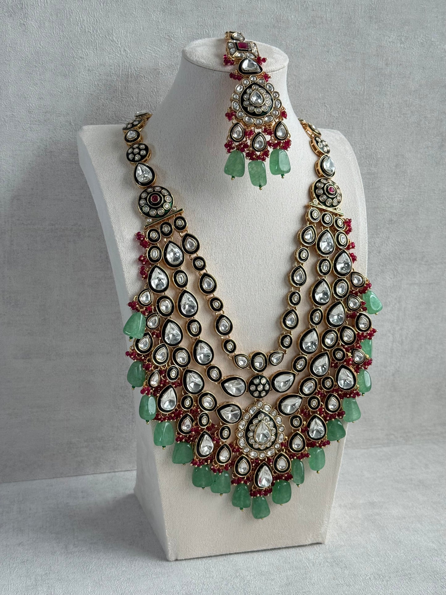 Ayura Designs Zahira Bridal Set with Necklace, Earrings & Tikka – Kundan Detailing with Green Enamel, Pink Stones & Jade Green Beads