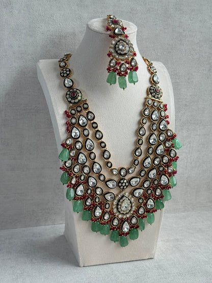 Ayura Designs Zahira Bridal Set with Necklace, Earrings & Tikka – Kundan Detailing with Green Enamel, Pink Stones & Jade Green Beads