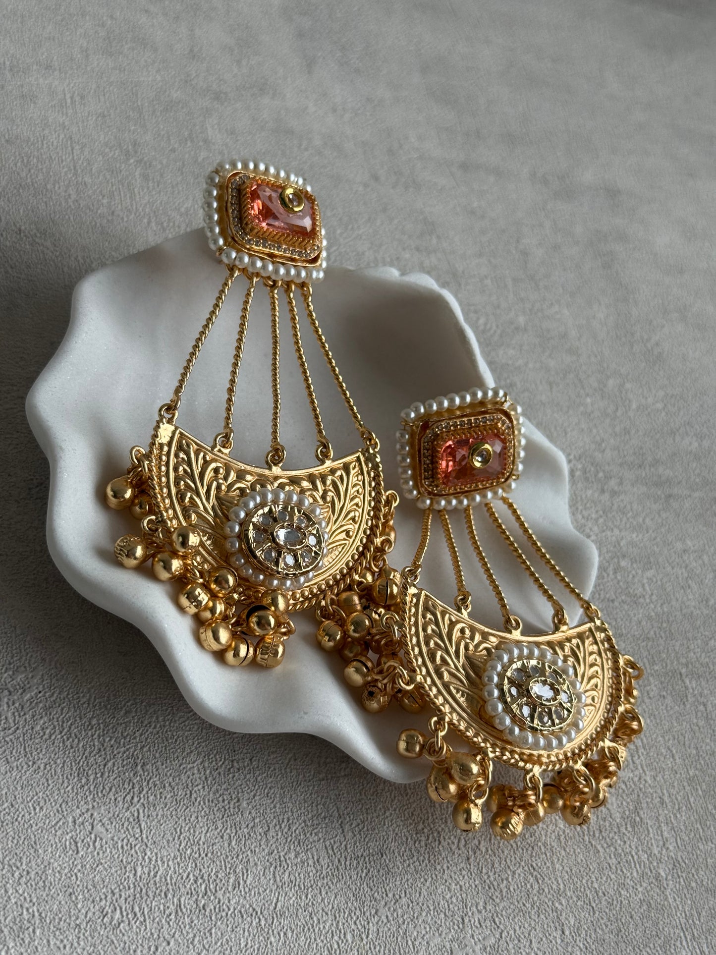 Ayura Designs Jheel Earrings – Amber Half-Moon Drops with Pearl Edging & Golden Ghungroos