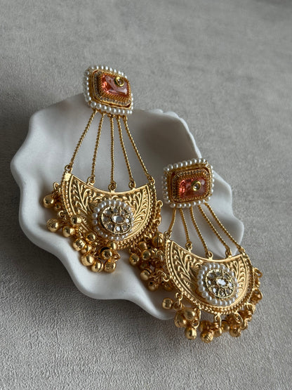 Ayura Designs Jheel Earrings – Amber Half-Moon Drops with Pearl Edging & Golden Ghungroos