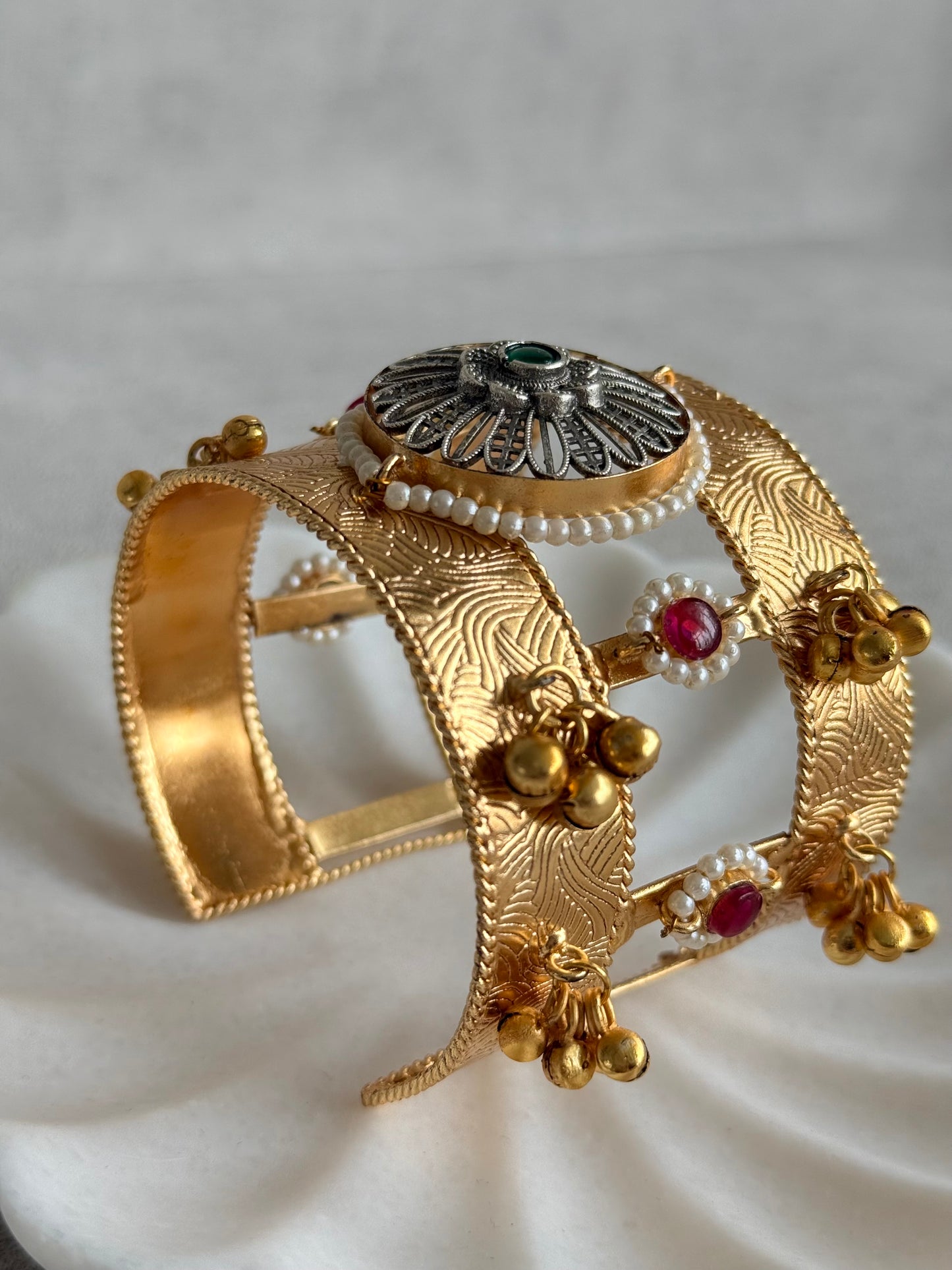 Ayura Designs Omita Adjustable Kashmiri Cuff Bracelet – Floral Medallion with Pearl, Ruby & Emerald Detailing