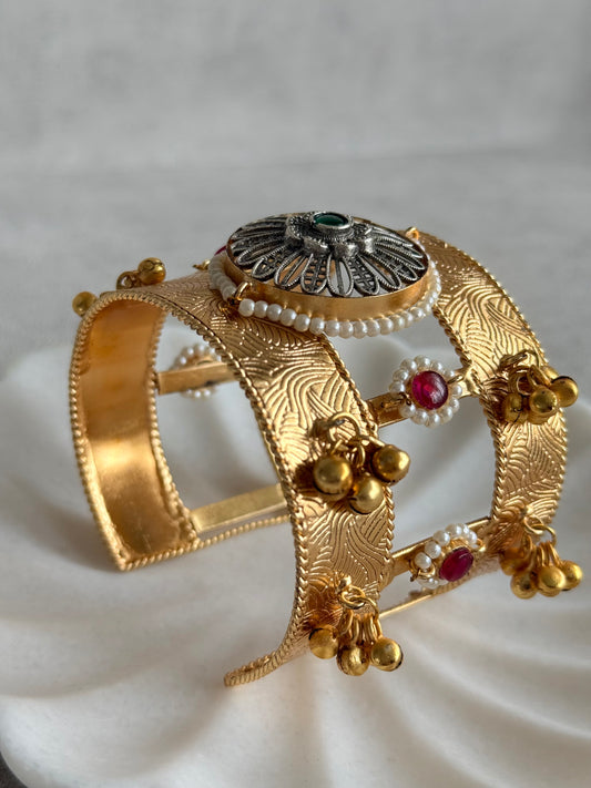 Ayura Designs Omita Adjustable Kashmiri Cuff Bracelet – Floral Medallion with Pearl, Ruby & Emerald Detailing