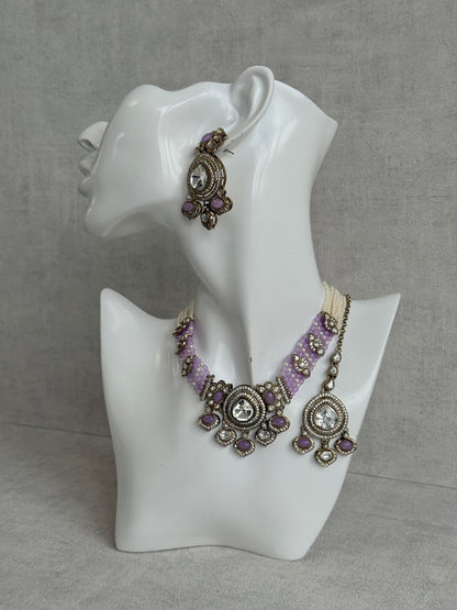 Ayura Designs Rahi Necklace Set with Earrings & Tikka – Lilac Stones with Mirror-Cut Detailing & Pearl Strands