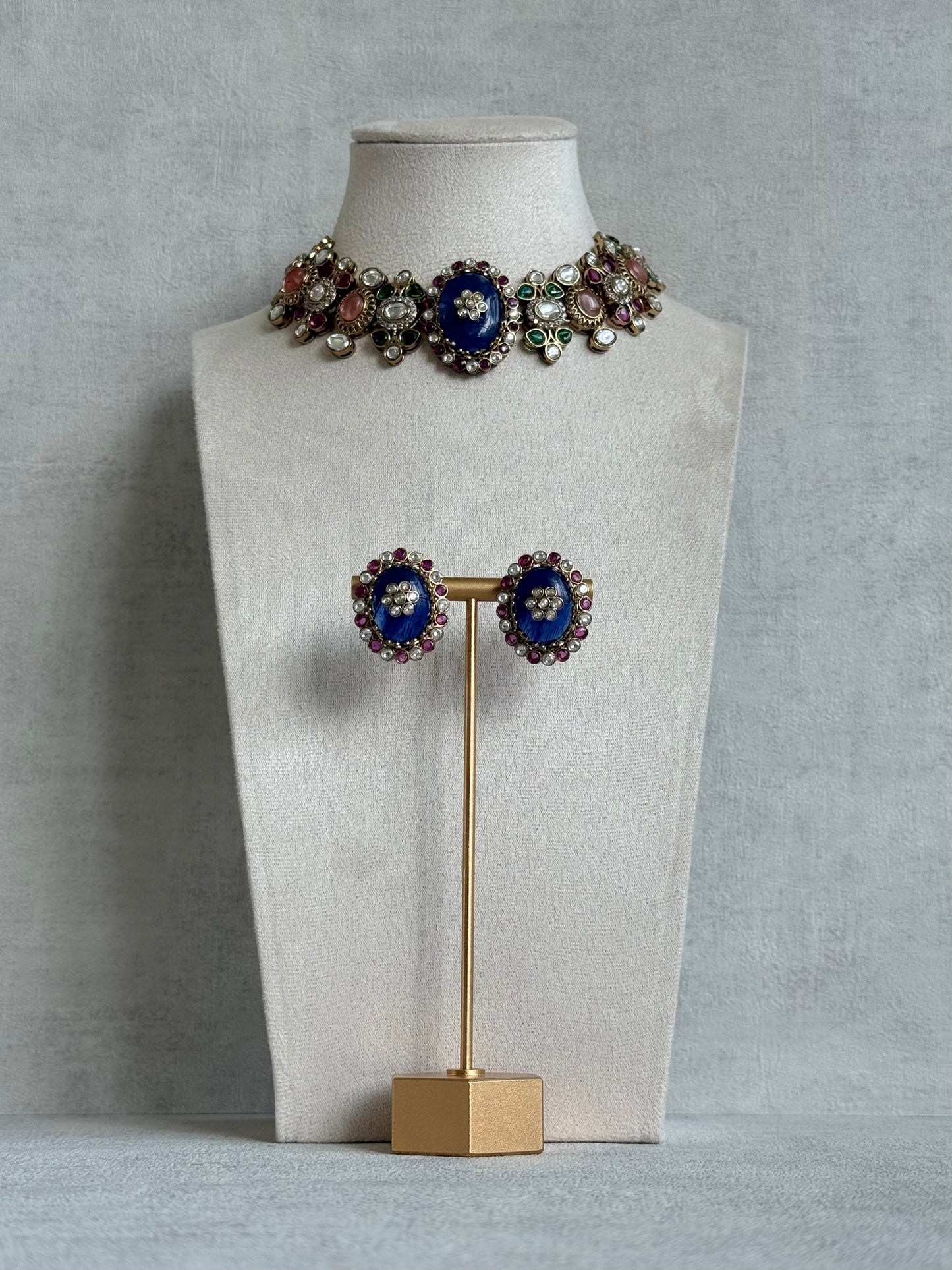 Ayura Designs Nova Necklace Set with Stud Earrings – Sapphire Blue Centre Stone, Kundan Detailing & Multicolour Gemstone Accents