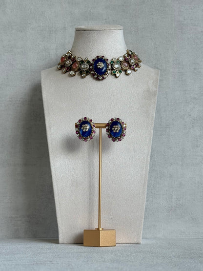 Ayura Designs Nova Necklace Set with Stud Earrings – Sapphire Blue Centre Stone, Kundan Detailing & Multicolour Gemstone Accents