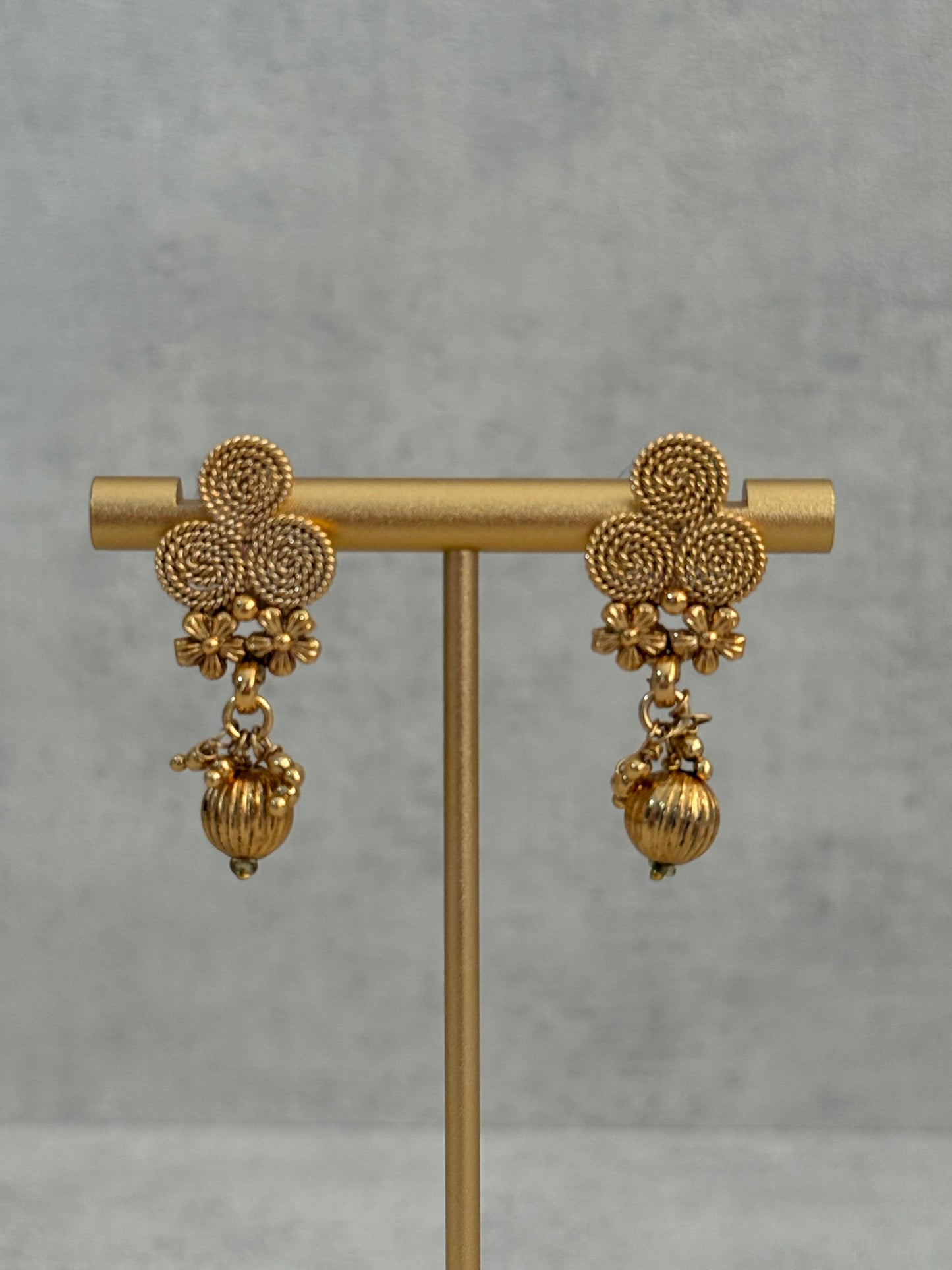 Ayura Designs Purna Set with Necklace & Earrings – Antique Gold Finish, Floral Motifs & Textured Pendant Detail