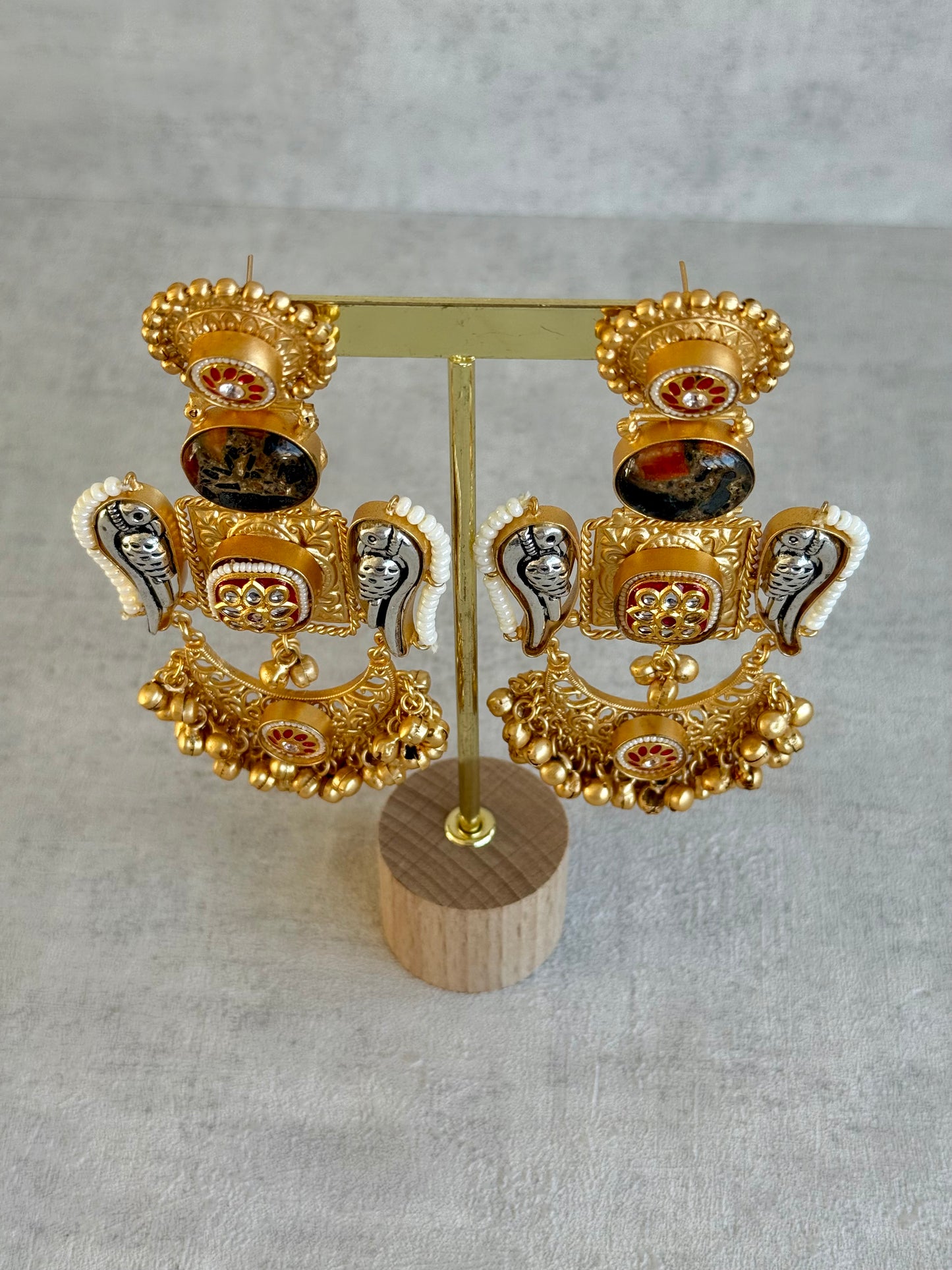 Ayura Designs Soha Earrings – Antique Gold with Smoky Amber Stone & Oxidised Parrots