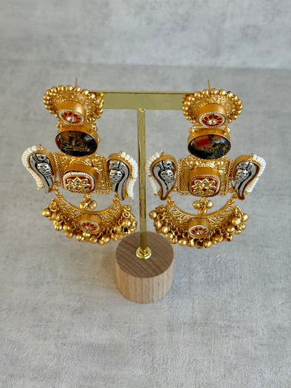 Ayura Designs Soha Earrings – Antique Gold with Smoky Amber Stone & Oxidised Parrots