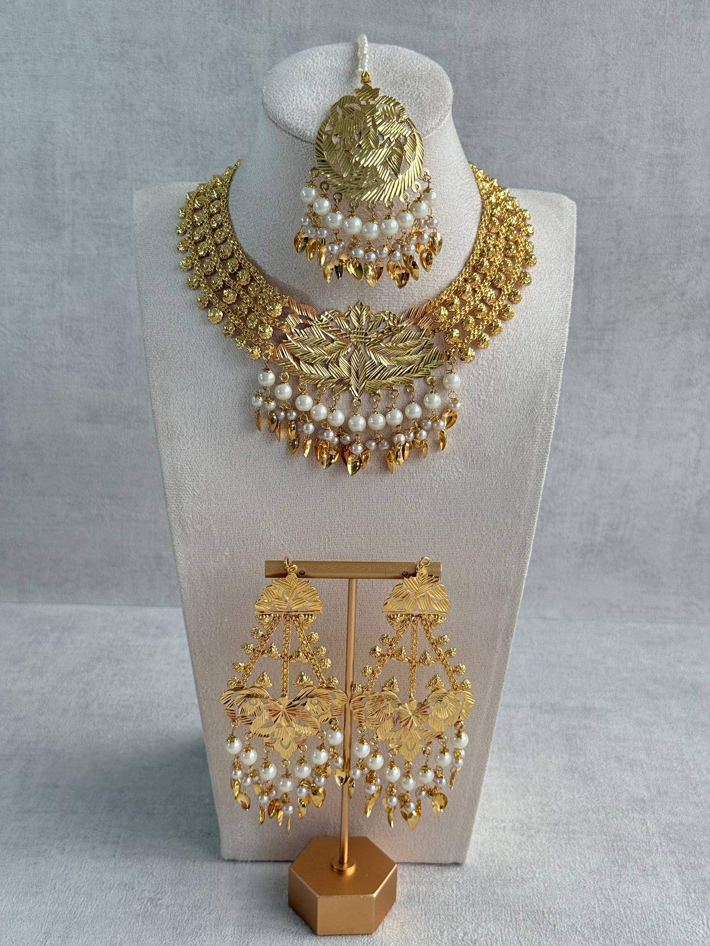 Ayura Designs Jasira Necklace Set with Earrings & Tikka – Pippal Patti Design with Swan & Peacock Motifs, Ivory Pearls & Gold Finish