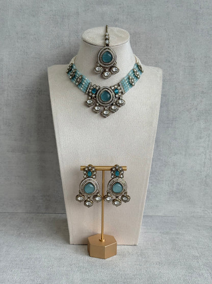 Ayura Designs Rahi Necklace Set with Earrings & Tikka – Aqua Blue Stones with Mirror-Cut Detailing & Pearl Strands