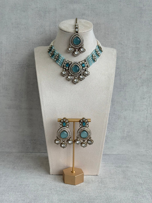 Ayura Designs Rahi Necklace Set with Earrings & Tikka – Aqua Blue Stones with Mirror-Cut Detailing & Pearl Strands