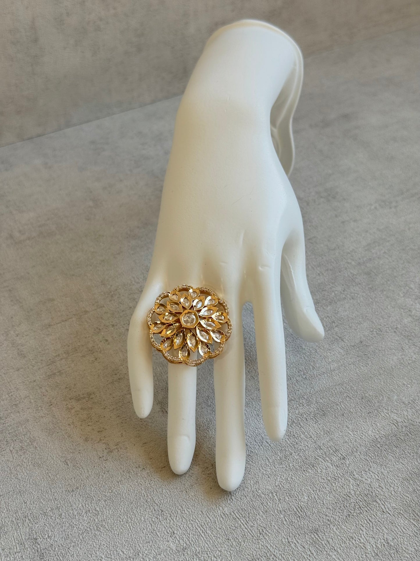 Ayura Designs Elisa Adjustable Ring – Moissanite Floral Ring with Clear Crystal Centre & Crystal Border