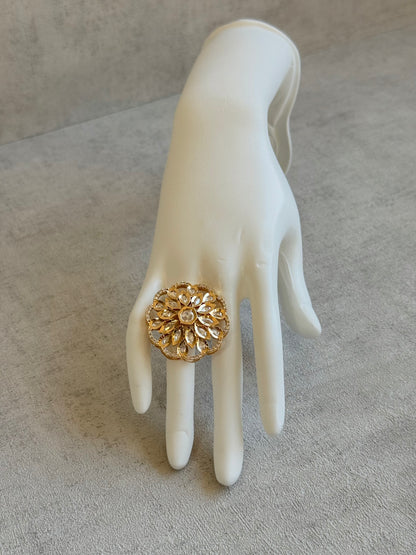 Ayura Designs Elisa Adjustable Ring – Moissanite Floral Ring with Clear Crystal Centre & Crystal Border