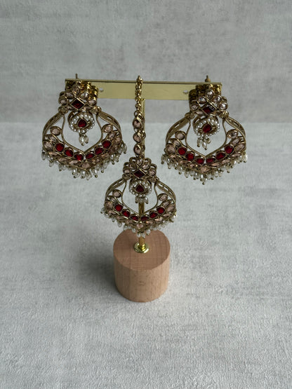Ayura Designs Damini Tikka Set – Mirror-Cut Kundan Earrings & Tikka with Ruby Red Enamel and Pearl Detailing