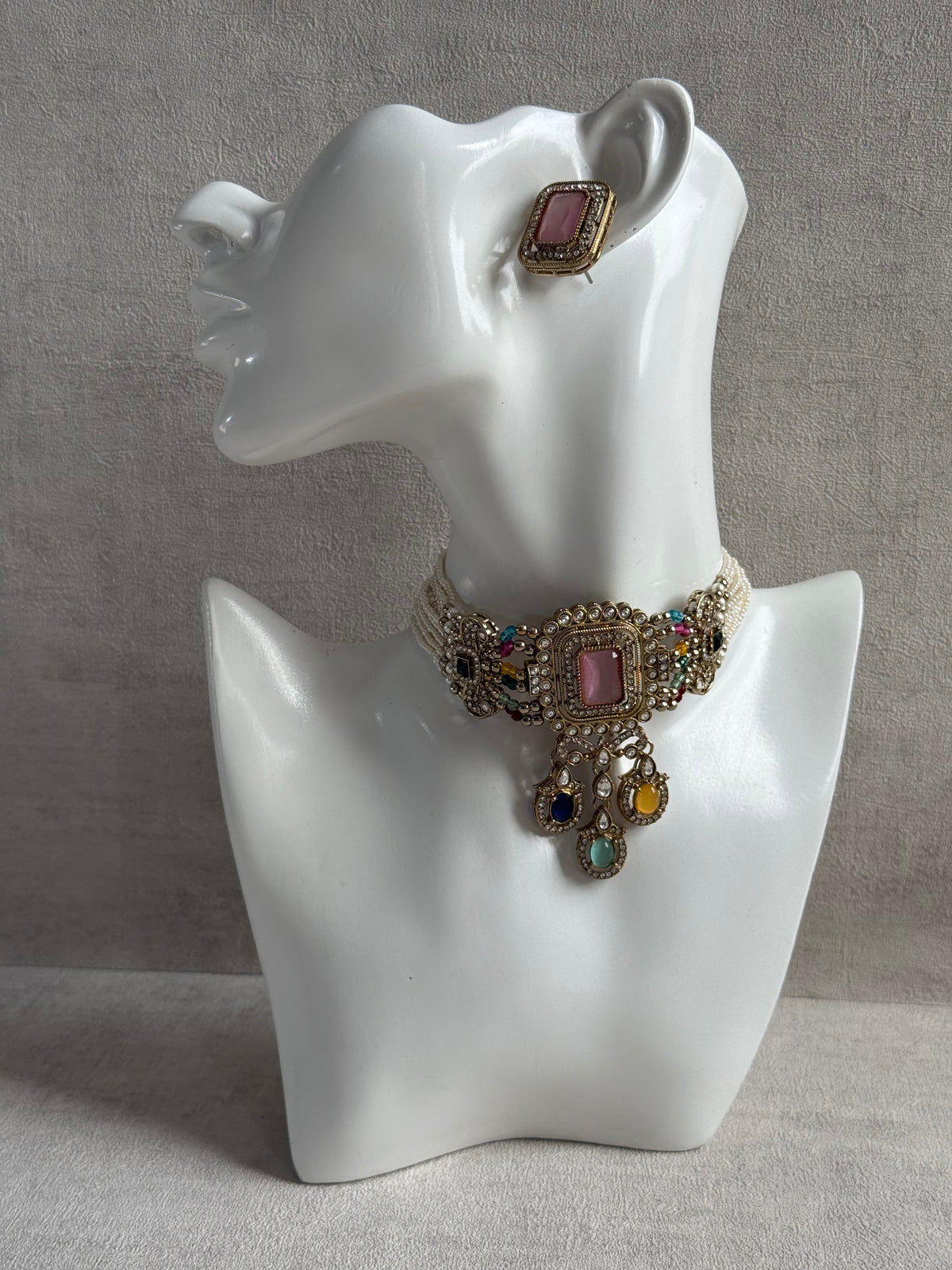 Ayura Designs Nabiha Choker Set with Studs – Blush Pink & Multicolour Stones, Pearl Detailing & Antique Gold Finish