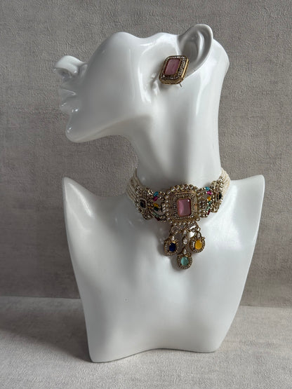Ayura Designs Nabiha Choker Set with Studs – Blush Pink & Multicolour Stones, Pearl Detailing & Antique Gold Finish