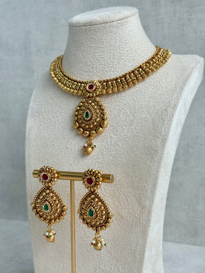 Ayura Designs Ayma Necklace Set with Earrings – Antique Gold Finish with Ruby Pink, Emerald Green & Crystal Detailing