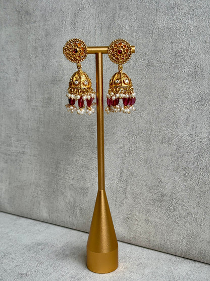 Ayura Designs Gulab Set with Jhumkis – Opulent Gold Adorned with Red & White Beads