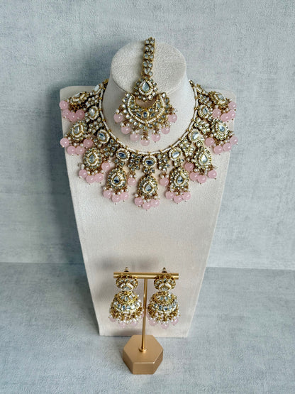 Ayura Designs Iyla Set with Necklace, Earrings & Tikka – Kundan Detailing, Ivory Pearl Drops & Blush Pink Beads