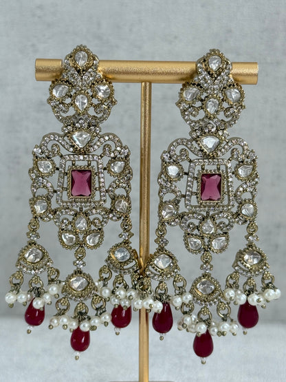 Ayura Designs Aisha Choker Set with Earrings & Tikka – Rani Pink Stones, Red Beads, Polki & Pearl Detailing