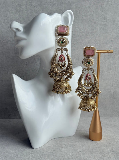 Ayura Designs Zirwa Earrings – Statement Jhumkis with Pink Stones, Green Accents & Pearl Borders & Ghungroos