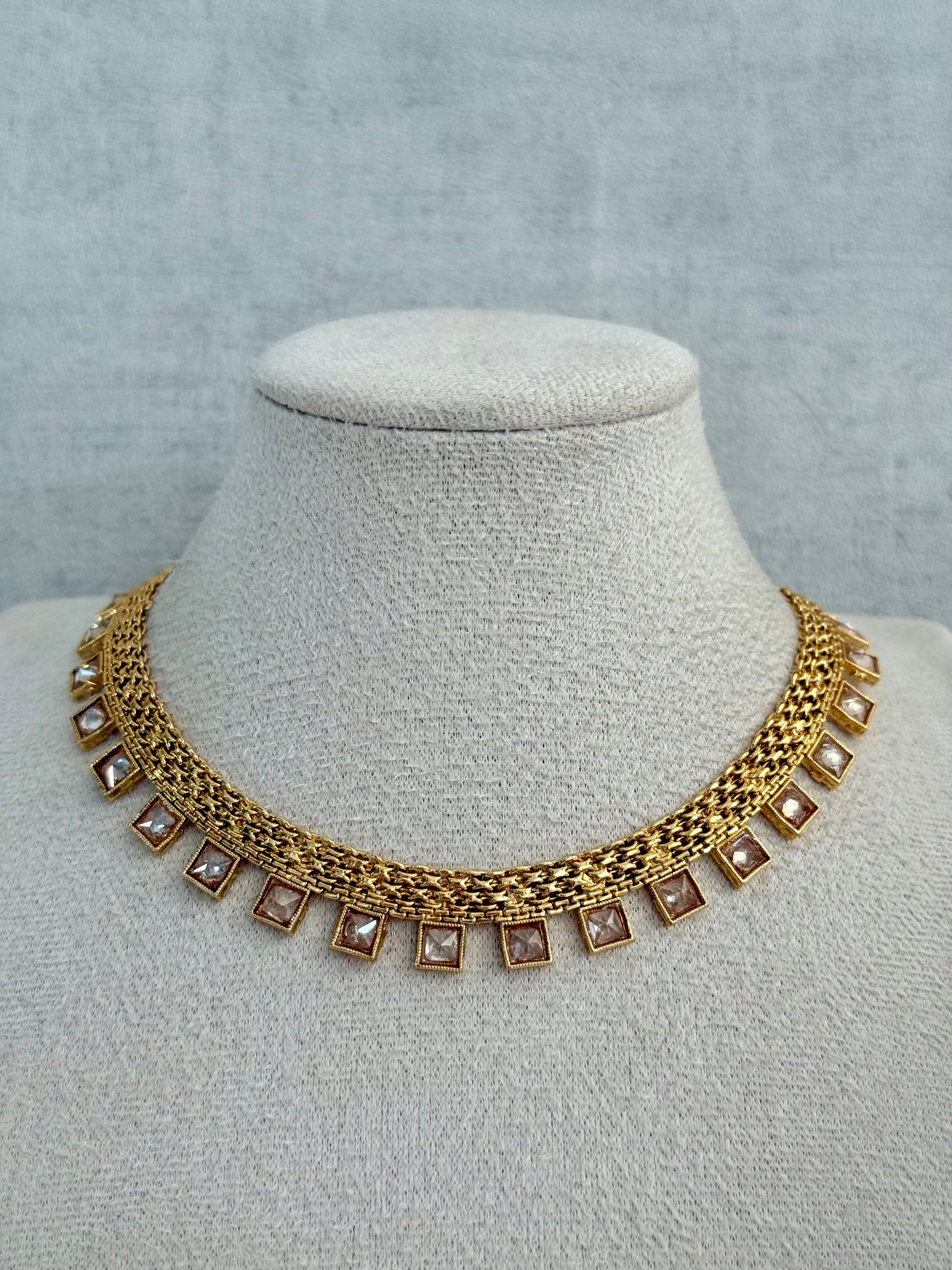 Ayura Designs Bhawani Set with Necklace & Stud Earrings – Square-Cut Kundan Stones in Antique Gold Finish