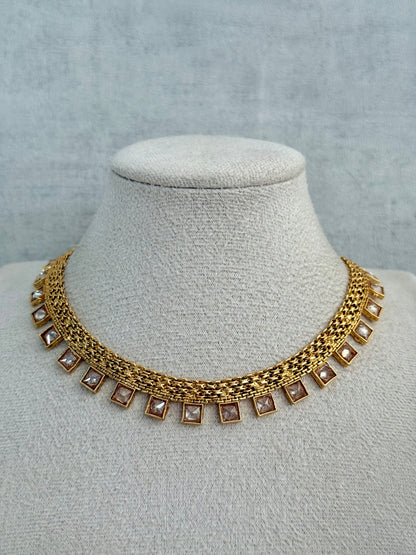 Ayura Designs Bhawani Set with Necklace & Stud Earrings – Square-Cut Kundan Stones in Antique Gold Finish