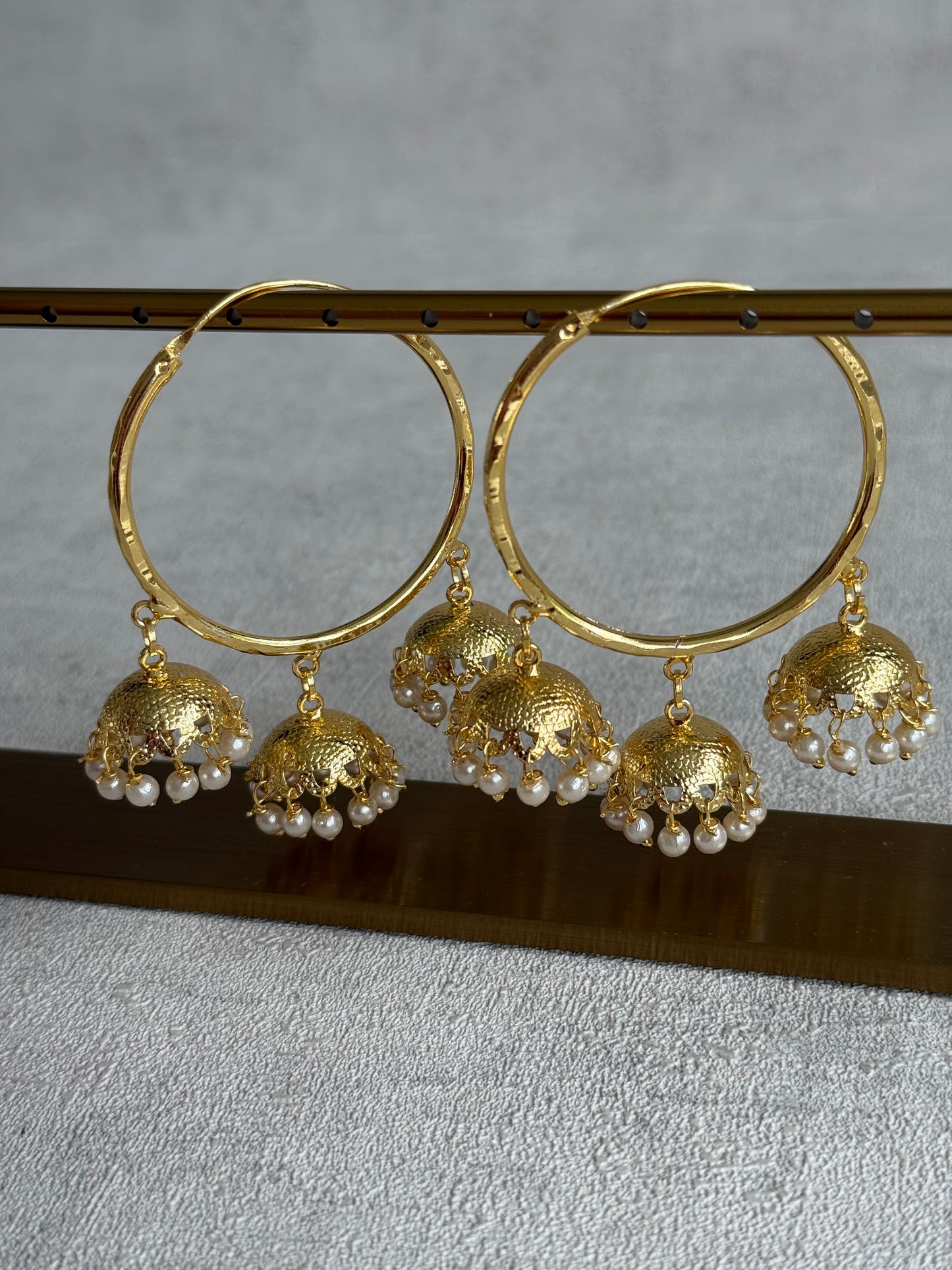 Ayura Designs Anam Balis – Gold Triple Jhumki Hoop Earrings with Pearl Drops