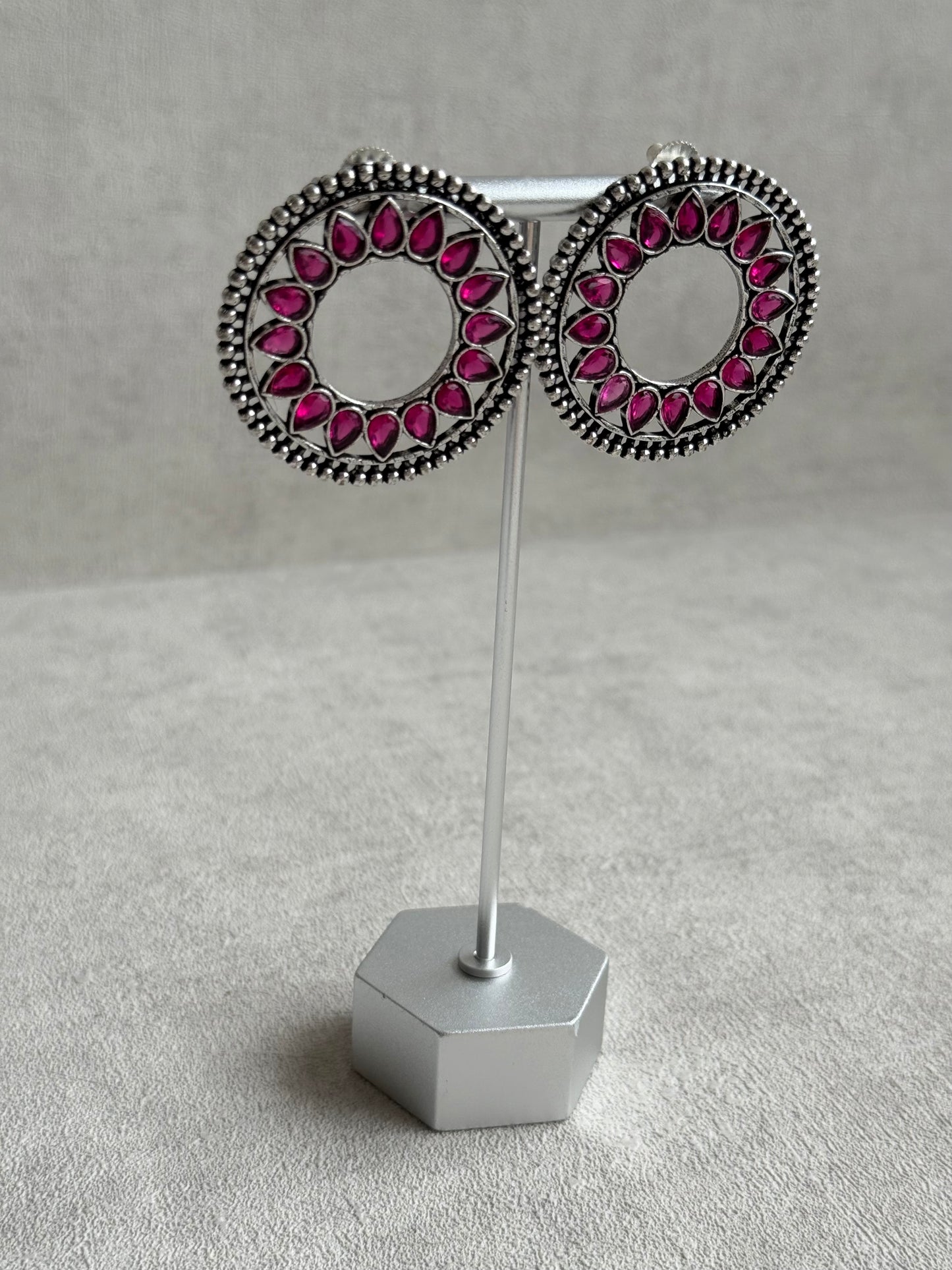 Ayura Designs Kesar Studs – Statement Oxidised Stud Earrings with Fuchsia Pink Stones