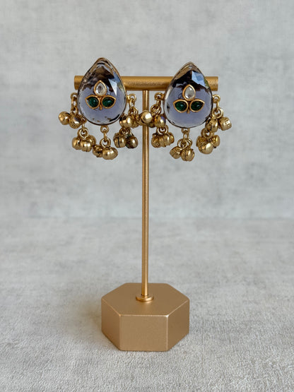 Ayura Designs Aykai Earrings – Smoky Blue Teardrop Stud Earrings with Green Kundan Stones & Gold Ghungroo Drops