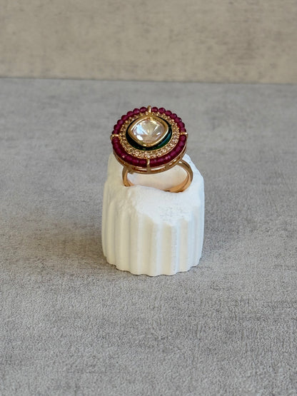 Ayura Designs Roselle Adjustable Ring – Moissanite Centre with Crystal Border & Rani Pink Beads