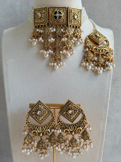 Ayura Designs Samera Choker Set with Earrings & Tikka – Ivory Beads, Pearl Detailing, Green Centre Stone, Floral Motifs & Antique Gold Finish