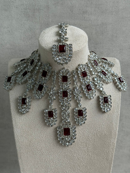 Ayura Designs Zinnia Set – Necklace, Earrings & Tikka with Ruby Red Stones and Mirror-Cut Polki in Silver Finish