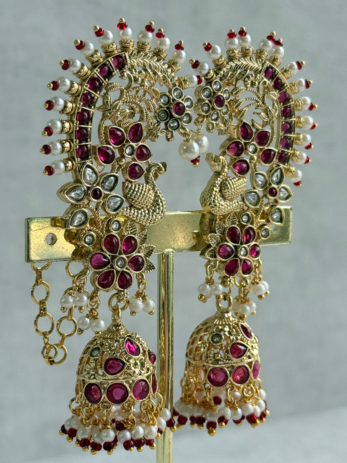 Ayura Designs Nitya Kaanphool Jhumkis – Gold Peacock Motifs, Pink Kundan & Pearl Drops with Attached Sahare