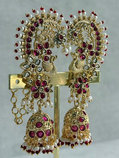 Ayura Designs Nitya Kaanphool Jhumkis – Gold Peacock Motifs, Pink Kundan & Pearl Drops with Attached Sahare