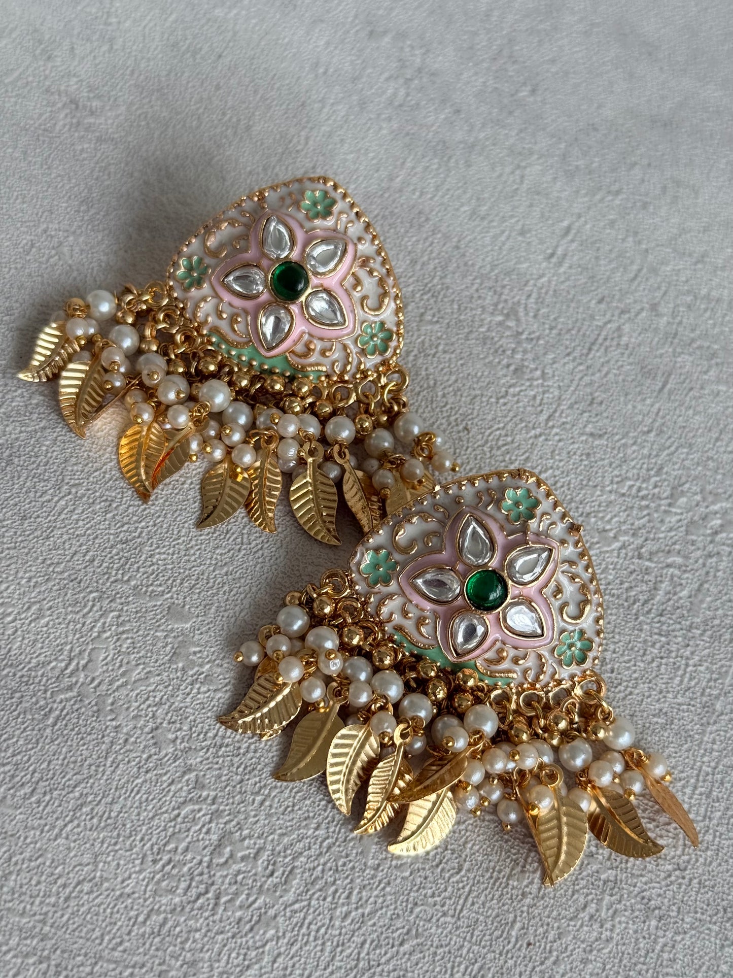 Ayura Designs Rozina Earrings – Floral Meenakari Earrings with Emerald Green Centre Stone, Pearl Clusters & Gold Leaf Charms