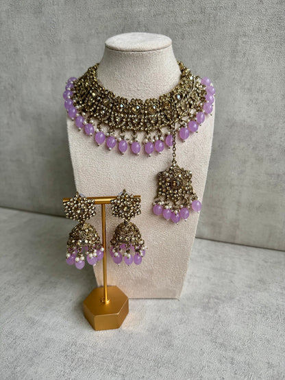 Ayura Designs Siya Set with Jhumkis & Tikka – Champagne-Toned Beauty with Lilac Beads