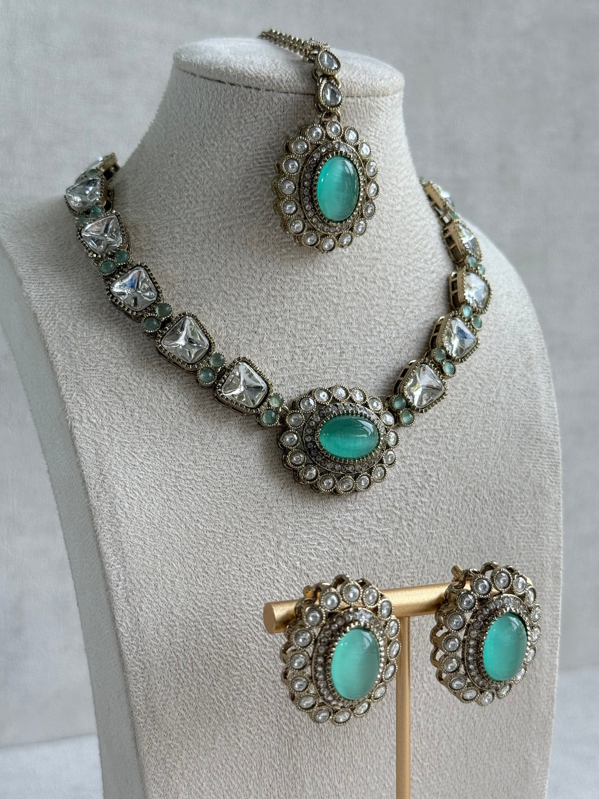 Ayura Designs Inza Necklace Set – Aqua Green Stones, Kundan & Crystals with Antique Gold Finish