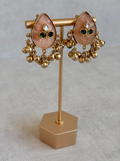 Ayura Designs Aykai Earrings – Champagne Peach Teardrop Stud Earrings with Clear Kundan Stones and Gold Ghungroo Drops